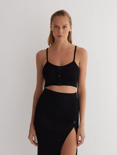 Elodie Black Sleeveless Knitted Crop Top With Buttons -RTW Bustiers Moeva