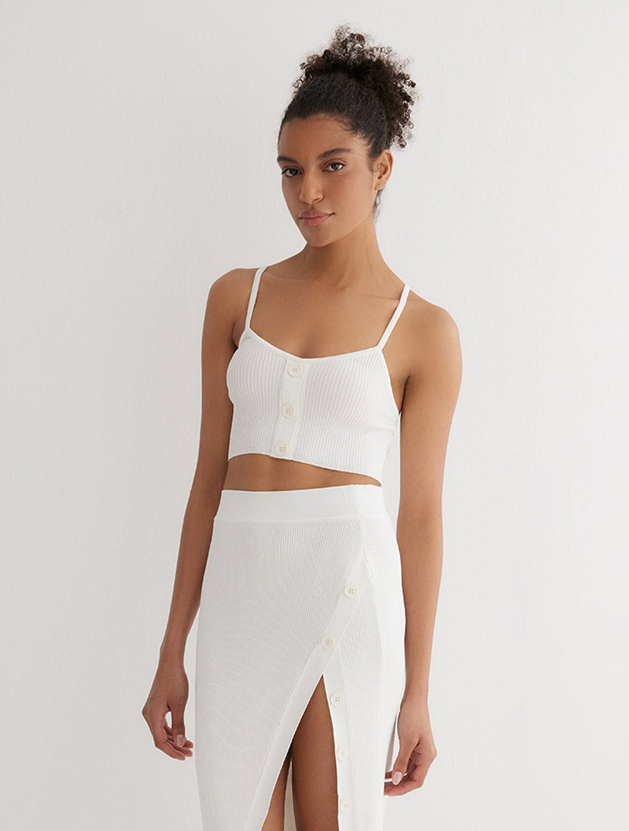 Elodie White Sleeveless Knitted Crop Top With Buttons -RTW Bustiers Moeva