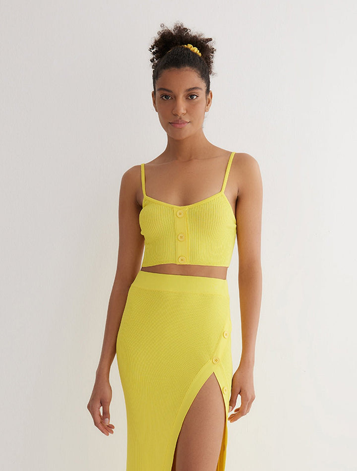 Elodie Yellow Sleeveless Knitted Crop Top With Buttons -RTW Bustiers Moeva