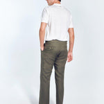 Back View: Model in Enzo Army Green Pants - MOEVA Luxury Swimwear, Ready to Wear, Nikel Pants, Fully Lined, Classic Fit, Linen, MOEVA Luxury Swimwear