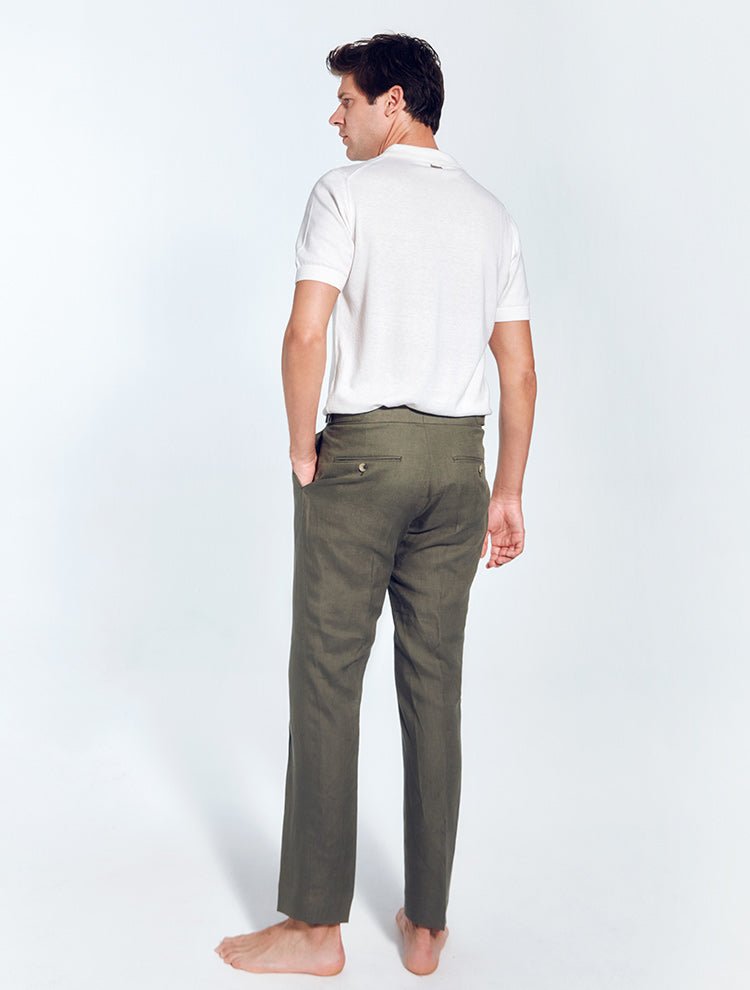 Enzo Army Green Linen Pants With Pleats At Front -Men Pants Moeva