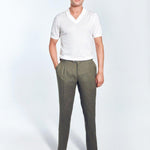 Front View: Model in Enzo Army Green Pants - MOEVA Luxury Swimwear, Straight-Leg Cut, Pleats at Front, Slip Pocket, Welt Pockets, Mid-Rise, Ankle Length, MOEVA Luxury Swimwear