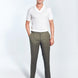 Front View: Model in Enzo Army Green Pants - MOEVA Luxury Swimwear, Straight-Leg Cut, Pleats at Front, Slip Pocket, Welt Pockets, Mid-Rise, Ankle Length, MOEVA Luxury Swimwear