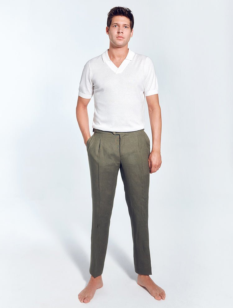 Enzo Army Green Linen Pants With Pleats At Front -Men Pants Moeva