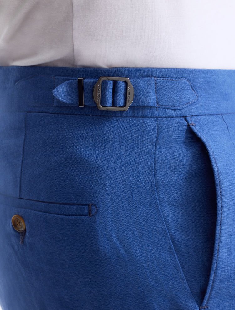 Close up View of Model Wearing Enzo Azure Pants - Slip Pocket, %100 Linen Men Pants, MOEVA Luxury Swimwear 