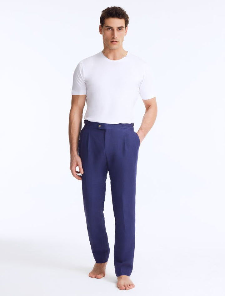 Enzo Cobalt Linen Pants With Pleats At Front -Men Pants Moeva