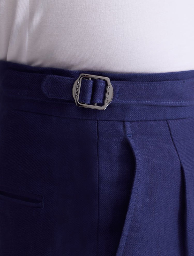 Close up View of Model Wearing Enzo Cobalt Pants - Slip Pocket, %100 Linen Men Pants, MOEVA Luxury Swimwear 