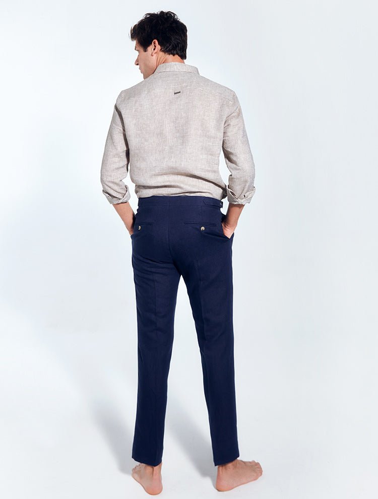 Enzo Dark Blue Linen Straight-Leg Pants | Moeva | Pants | Each week unveils new pieces—luxury swimwear, fluid resort silhouettes, and elevated summer-to-evening essentials designed to carry you from coastal escapes to city nights.
