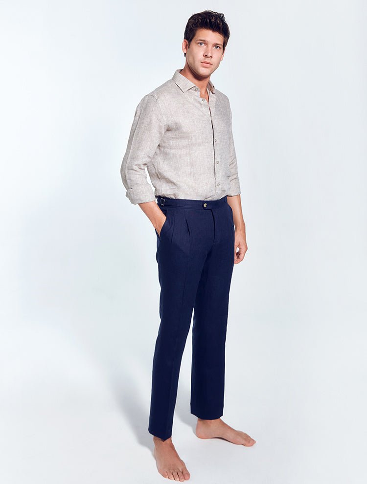 Enzo Dark Blue Linen Straight-Leg Pants | Moeva | Pants | Each week unveils new pieces—luxury swimwear, fluid resort silhouettes, and elevated summer-to-evening essentials designed to carry you from coastal escapes to city nights.