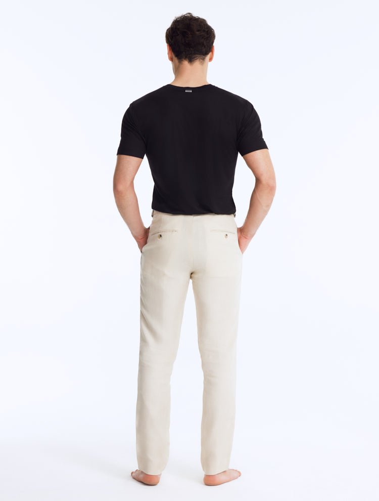 Back View: Enzo Grey Pants on Model - MOEVA Luxury Swimwear, Ready to Wear, Mid-Rise, Ankle Length, %100 Linen, MOEVA Luxury Swimwear  
