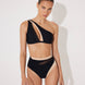 Front View: Model in Etta Black/Nude Bikini Bottom - MOEVA Luxury Swimwear, Geometrical Design, Mesh Details, High-Waist, Duo Colored, MOEVA Luxury Swimwear  