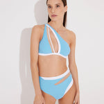 "Model wearing the Etta Blue/White High-Waisted Bikini Bottom from the front, showcasing the mesh details and high waist design. "/White Bikini Bottom - MOEVA Luxury Swimwear, Geometrical Design, Mesh Details, High-Waist, Duo Colored, MOEVA Luxury Swimwear  