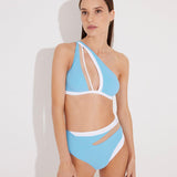 "Model wearing the Etta Blue/White High-Waisted Bikini Bottom from the front, showcasing the mesh details and high waist design. "/White Bikini Bottom - MOEVA Luxury Swimwear, Geometrical Design, Mesh Details, High-Waist, Duo Colored, MOEVA Luxury Swimwear  
