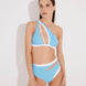 "Model wearing the Etta Blue/White High-Waisted Bikini Bottom from the front, showcasing the mesh details and high waist design. "/White Bikini Bottom - MOEVA Luxury Swimwear, Geometrical Design, Mesh Details, High-Waist, Duo Colored, MOEVA Luxury Swimwear  