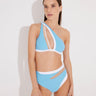 "Model wearing the Etta Blue/White High-Waisted Bikini Bottom from the front, showcasing the mesh details and high waist design. "/White Bikini Bottom - MOEVA Luxury Swimwear, Geometrical Design, Mesh Details, High-Waist, Duo Colored, MOEVA Luxury Swimwear  