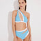  "Model wearing the Etta Blue/White One-Shoulder Bikini Set from the front, showcasing the bold cut-out and mesh details. "