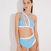  "Model wearing the Etta Blue/White One-Shoulder Bikini Set from the front, showcasing the bold cut-out and mesh details. "