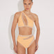 Front View: Model in Etta Orange/Nude Bikini Bottom - MOEVA Luxury Swimwear, Geometrical Design, Mesh Details, High-Waist, Duo Colored, MOEVA Luxury Swimwear  