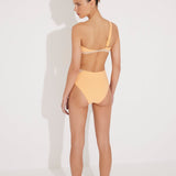 Back View: Model in Etta Orange/Nude Bikini Set - Moderate Bottom Coverage, Lined, Italian Fabric, Sportive and Comfort High-Waisted Bikini Bottom, Special Lycra Xtralife Certificate, MOEVA Luxury Swimwear   
