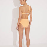 "Model wearing the Etta Orange/Nude One-Shoulder Bikini Top from the back, highlighting the single adjustable strap and mesh details. "