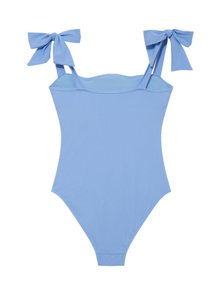 Back view of the Everlee Baby Blue Swimsuit, highlighting the full bottom coverage and secure fit.