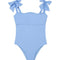 Model wearing the Everlee Baby Blue Swimsuit, showcasing the self-tie straps and ruffle details.