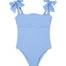 Model wearing the Everlee Baby Blue Swimsuit, showcasing the self-tie straps and ruffle details.