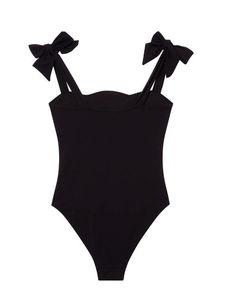 Back view of the Everlee Black Swimsuit, highlighting the full bottom coverage and secure fit.