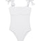 Model wearing the Everlee White Swimsuit, highlighting the self-tie straps and ruffle details.