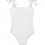 Model wearing the Everlee White Swimsuit, highlighting the self-tie straps and ruffle details.