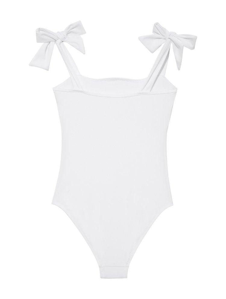 Back view of the Everlee White Swimsuit, showcasing the full bottom coverage and secure fit.