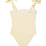 Back view of the Everlee Yellow Swimsuit, highlighting the full bottom coverage and secure fit