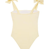 Back view of the Everlee Yellow Swimsuit, highlighting the full bottom coverage and secure fit