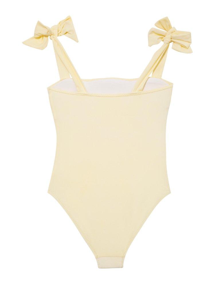 Back view of the Everlee Yellow Swimsuit, highlighting the full bottom coverage and secure fit