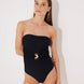 "Front view of the Felice Black Strapless Swimsuit with gold twisted accessory and removable straps."