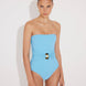 Front View: Model in Felice Blue Swimsuit - Strapless, Soft Touch Fabric, Fully Lined and Twisted Gold Accessory Detail, MOEVA Luxury Swimwear 