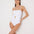 Front View: Model in Felice White Swimsuit - Strapless, Soft Touch Fabric, Fully Lined and Twisted Gold Accessory Detail, MOEVA Luxury Swimwear 