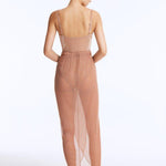 Back View: Fern Bronze Skirt on Model - Wrap Style with Twist Knot Detail, Draped Details, Elastic Band at the Waist, Loose Fit, MOEVA Luxury Beachwear