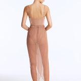 Back View: Fern Bronze Skirt on Model - Wrap Style with Twist Knot Detail, Draped Details, Elastic Band at the Waist, Loose Fit, MOEVA Luxury Beachwear