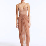 Front View: Model wearing Fern Bronze Skirt - Sheer Soft Fabric, Comfortable Maxi Skirt, High Waist, Ankle Length, MOEVA Luxury Beachwear
