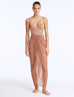 Front View: Model wearing Fern Bronze Skirt - Sheer Soft Fabric, Comfortable Maxi Skirt, High Waist, Ankle Length, MOEVA Luxury Beachwear