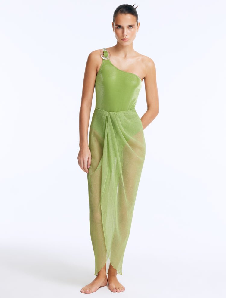 Front View: Model wearing Fern Green Skirt - Comfortable Maxi Skirt, High Waist, Ankle Length, , Sheer Soft Fabric, MOEVA Luxury Beachwear