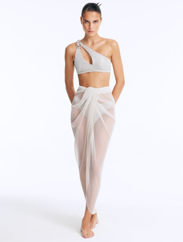 Front View: Model wearing Fern Silver Skirt - Sheer Soft Fabric, Comfortable Maxi Skirt, High Waist, Ankle Length, MOEVA Luxury Beachwear