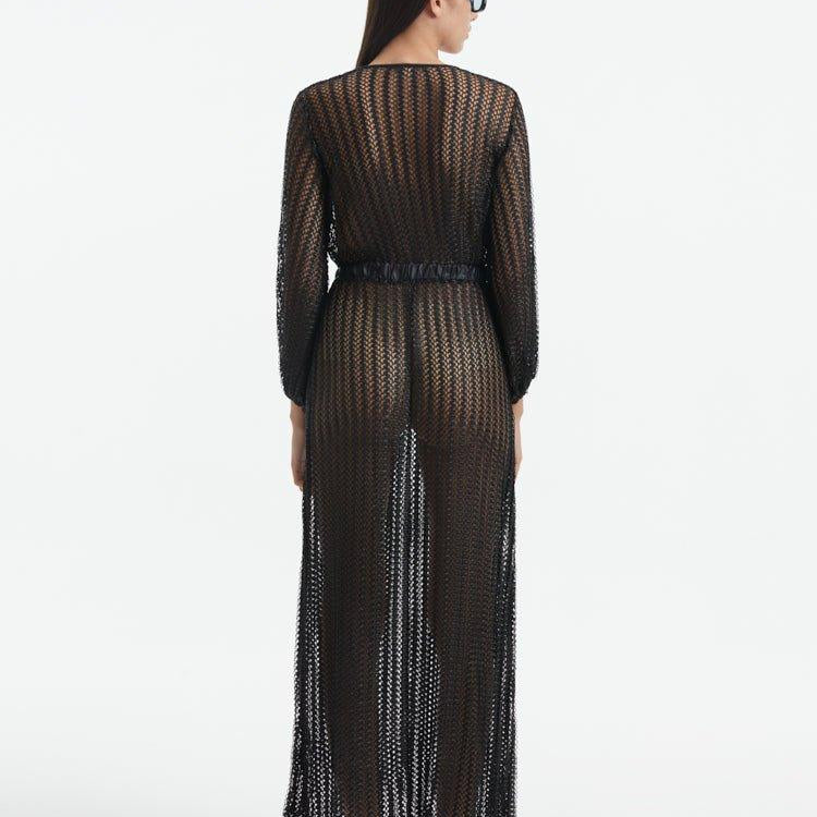 Fernanda Black Knitted Mesh Long-Sleeve Maxi Dress | Moeva | Dress | Each week unveils new pieces—luxury swimwear, fluid resort silhouettes, and elevated summer-to-evening essentials designed to carry you from coastal escapes to city nights.