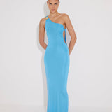 "Front view of the Fewa Blue One-Shoulder Knitted Dress showcasing the elegant one-shoulder silhouette, gold sculpted hoop accessory, and ruched side cut-out for a sophisticated look."