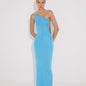 "Front view of the Fewa Blue One-Shoulder Knitted Dress showcasing the elegant one-shoulder silhouette, gold sculpted hoop accessory, and ruched side cut-out for a sophisticated look."