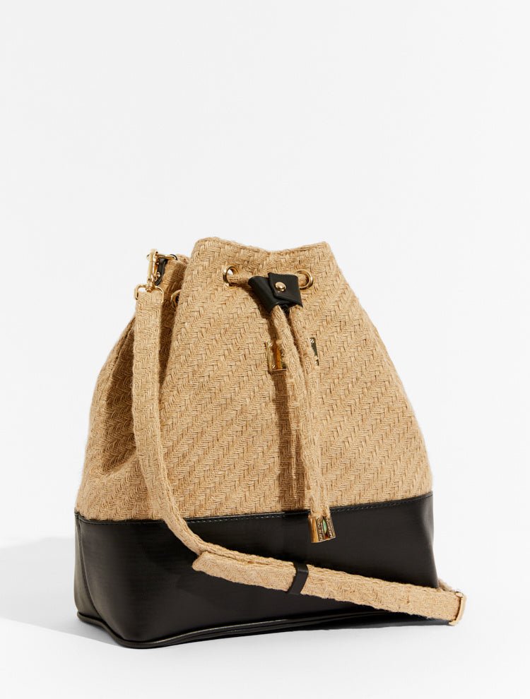 Fiorella Black Faux Leather Detailed Straw Crossbody Bucket Bag -Women Bags Moeva