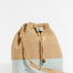 Front View of Fiorella Blue Bag - MOEVA Luxury  Swimwear, Bucket Bag, Gold Dipped Moeva Logo Bar On Front, Drawstring Top, Leather Pocket, Shoulder Bag, Faux Leather Trim and Lining100% Straw, MOEVA Luxury  Swimwear     