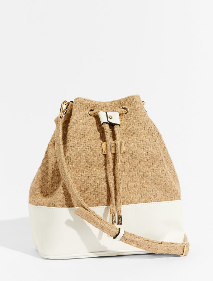 Fiorella White Faux Leather Detailed Straw Crossbody Bucket Bag -Women Bags Moeva