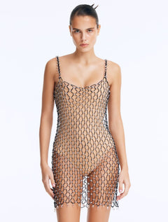 Front View: Model in Flora Black Swimsuit - Chic Scoop Neck, Handmade Macrame, Lightly Lined, MOEVA Luxury Swimwear